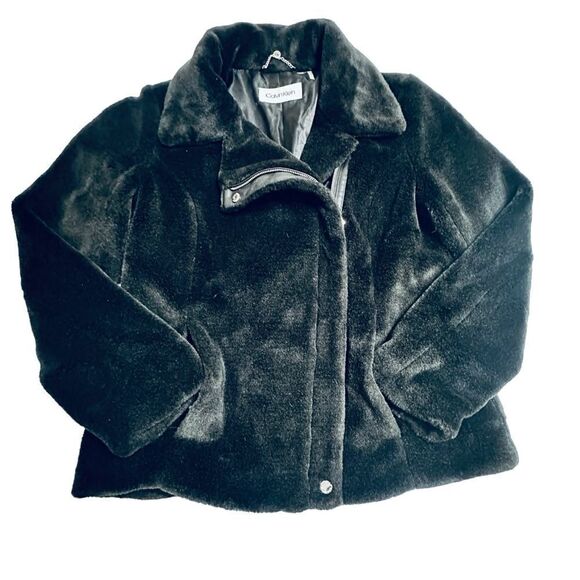 Calvin Klein Faux Fur Moto Jacket Car Coat Size Medium - Picture 1 of 12